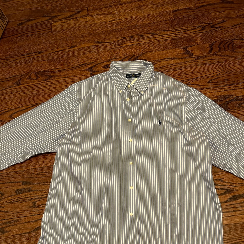 Ralph Lauren striped button down polo in blue/white. New with tags. Size 18/46.